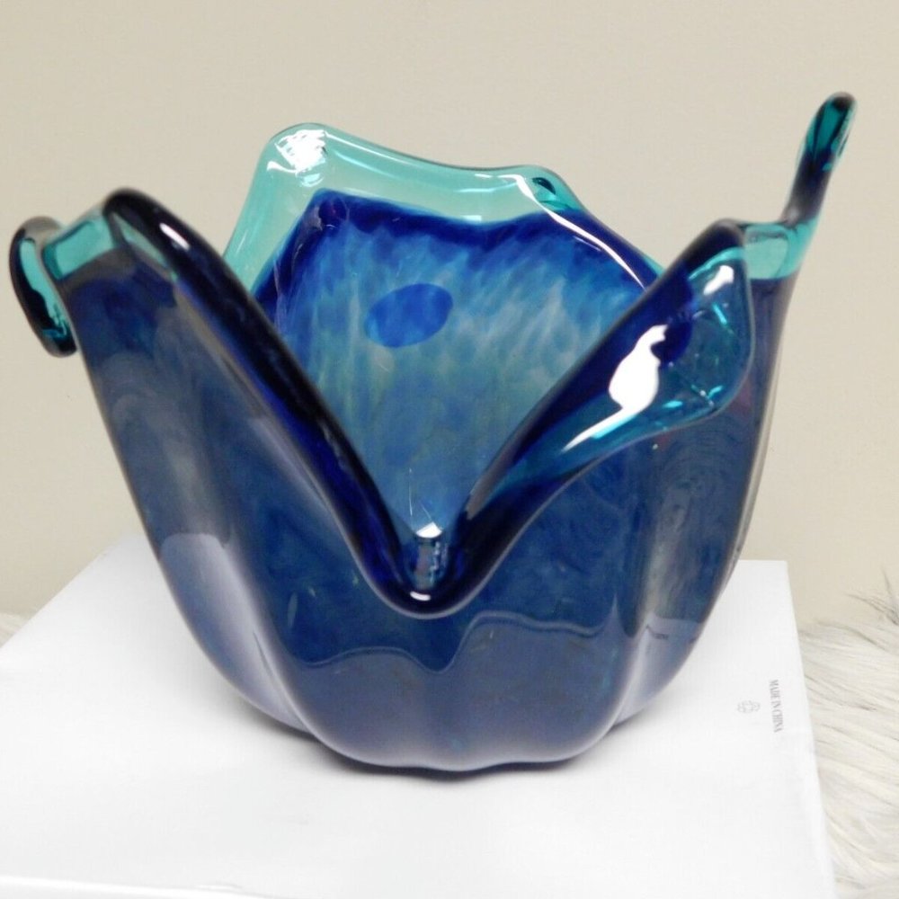 Murano White Cristal Turquoise Cobalt Blue 8" Bowl Hand Made